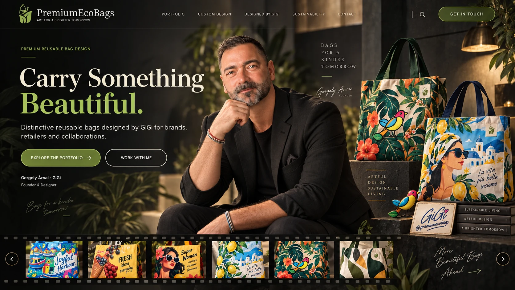 PremiumEcoBags homepage featuring GiGi and selected bag designs